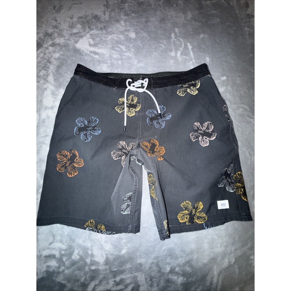 Katin Hybrid Board Shorts Mens 33  Black Wash Floral Drawstring Pockets Swim